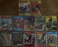 12 Western-tidningar i litet format: Texas 8/1953, 1/1954 + Cowboy 5/1952, 9/1963, 1, 4 , 18/1966, 17, 26/1967, 1, 7, 8/1968