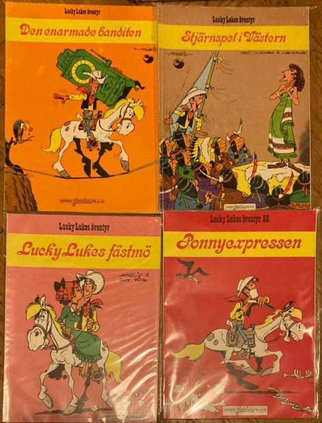 Fyra album med Lucky Luke: Den enarmade banditen, Stjärnspel i Västern, Lucky Lukes fästmö, Ponnyexpressen