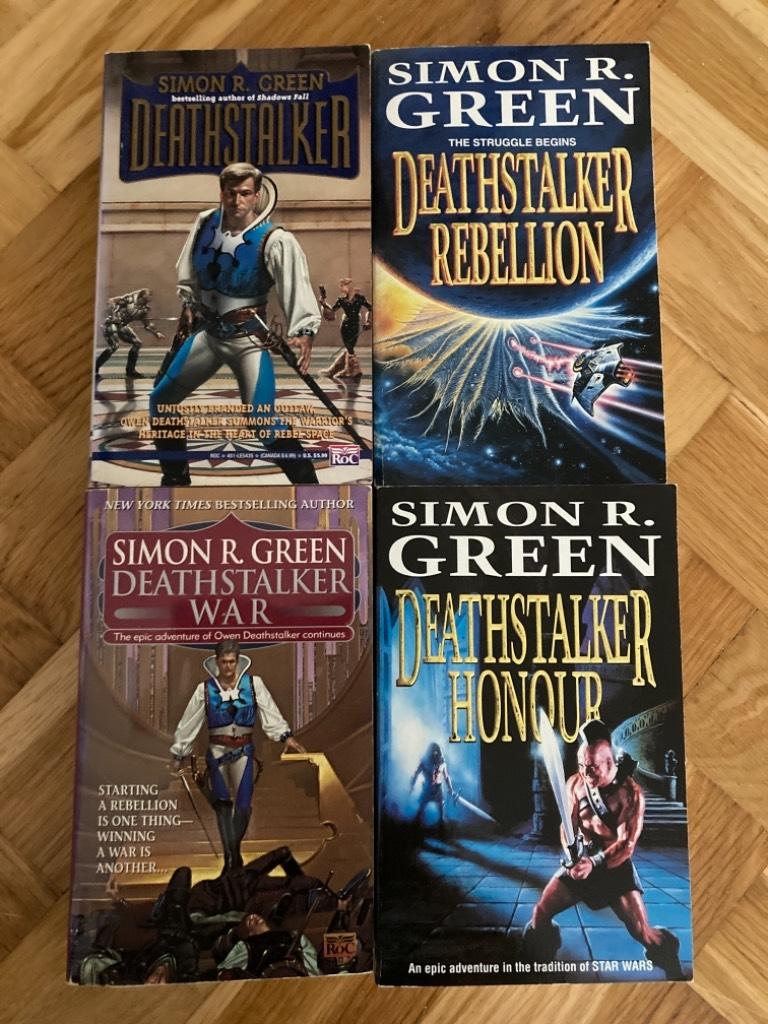 Fyra pocketböcker om Deathstalker: Deathstalker, Deathstalker Rebellion, Deathstalker War, Deathstalker Honouor