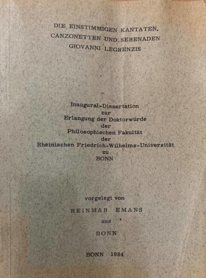 Die einstimmigen Kantaten, Canzonetten und Serenaden Giovanni Legrenzis