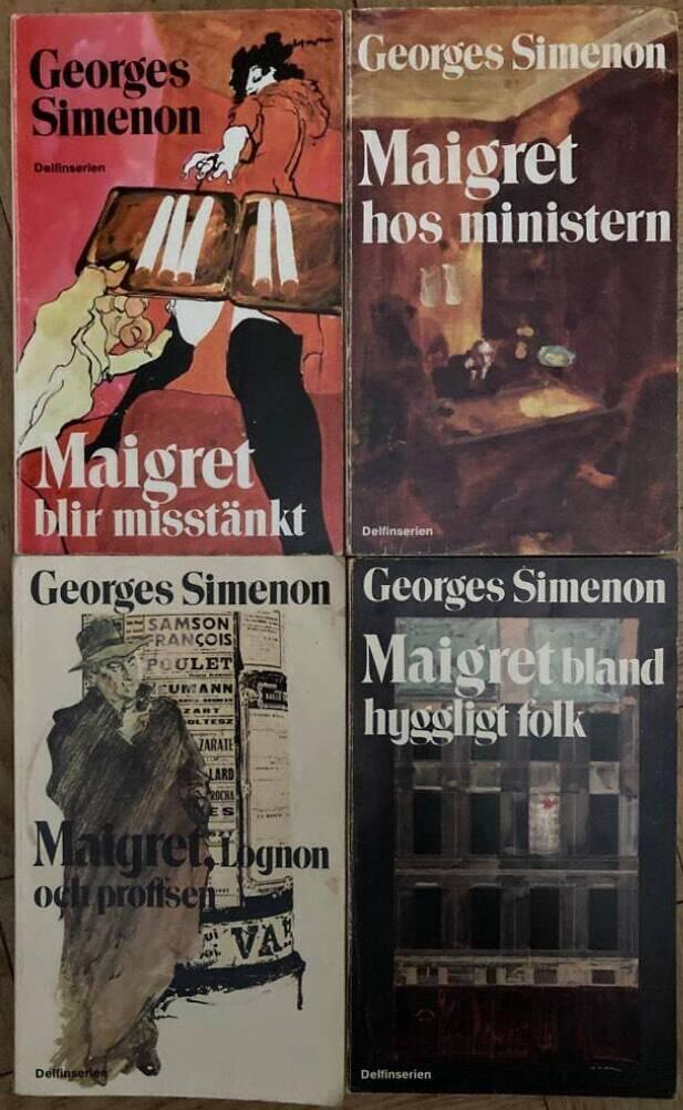 Fyra pocketböcker om kommissarie Maigret: Maigret blir misstänkt, Maigret hos ministern, Maigret, Lognon och proffsen, Maigret bland hyggligt folk