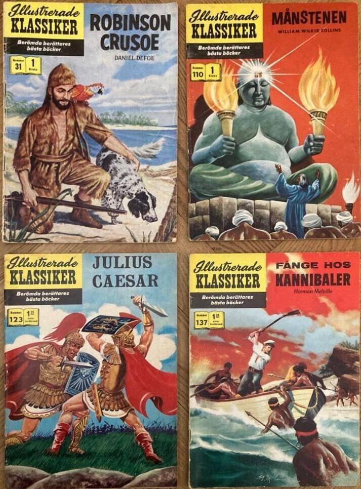 Illustrerade klassiker 31 (Robinson Crusoe), 110 (Månstenen), 123 (Julius Caesar), 137 (Fånge hos kannibaler)
