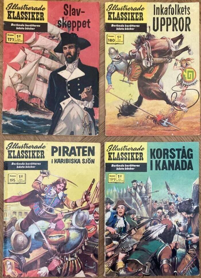 Illustrerade klassiker 171 (Slavskeppet), 180 (Inkafolkets uppror), 195 (Piraten i karibiska sjön), 199 (Korståg i Kanada)