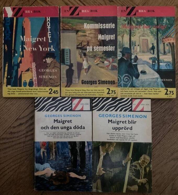 Fem pocketböcker om kommissarie Maigret: Maigret i New York, Kommissarie Maigret på semester, Maigret har roligt, Maigret och den unga döda, Maigret blir upprörd